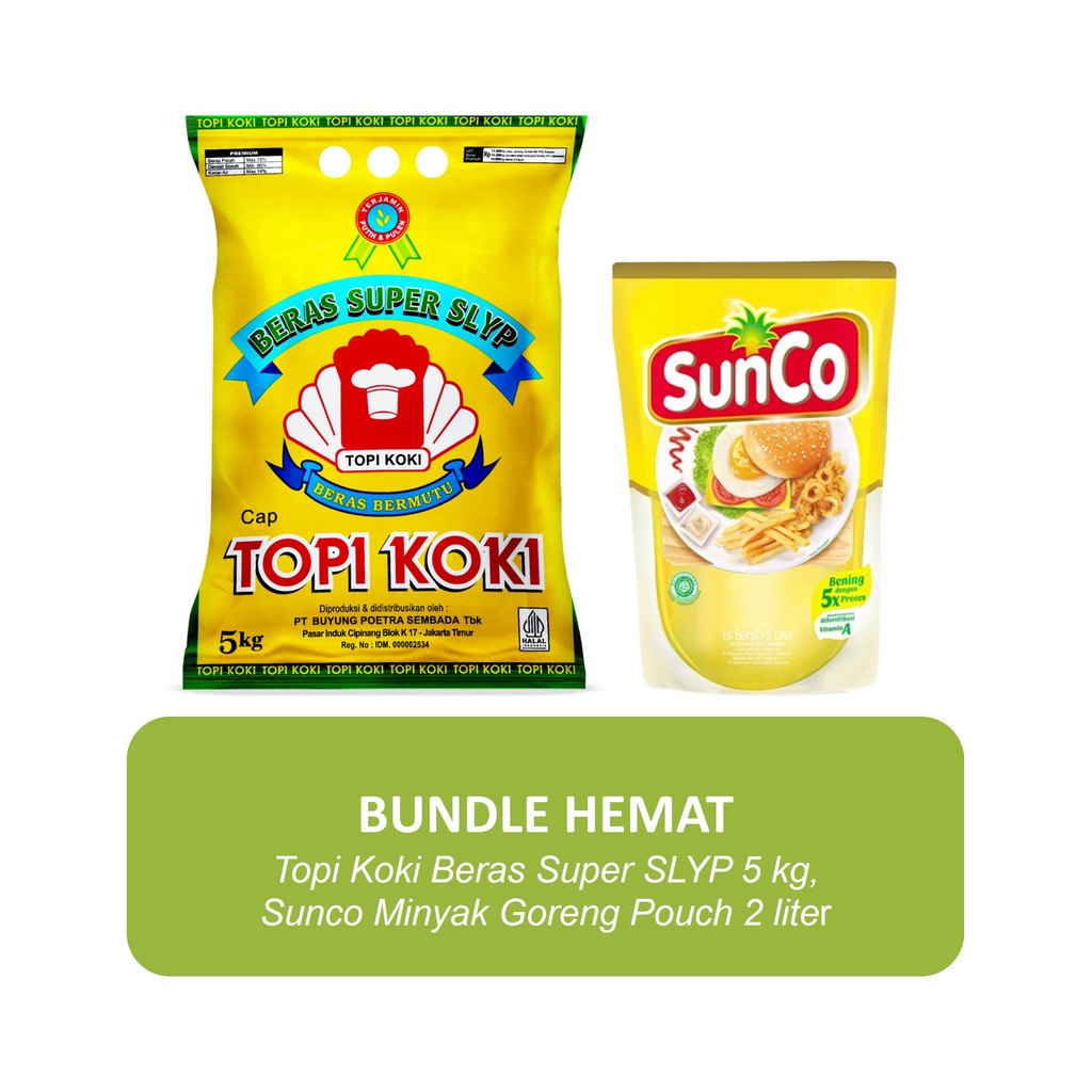 

Bundle - Topi Koki Beras Super SLYP 5 kg & Sunco Minyak Goreng Pouch 2 liter 1 pack