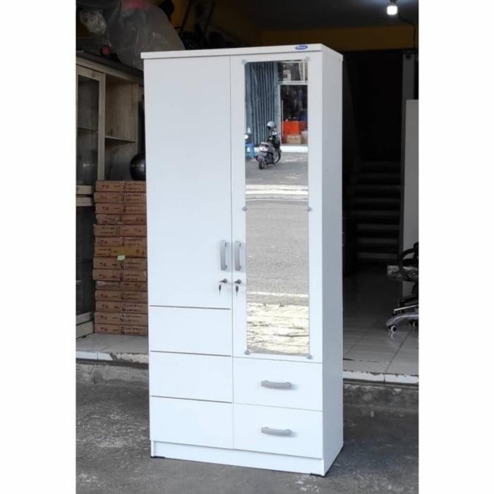Lemari Baju Putih Lemari 2 Pintu Kaca Laci Lemari Pakaian Putih Kaca