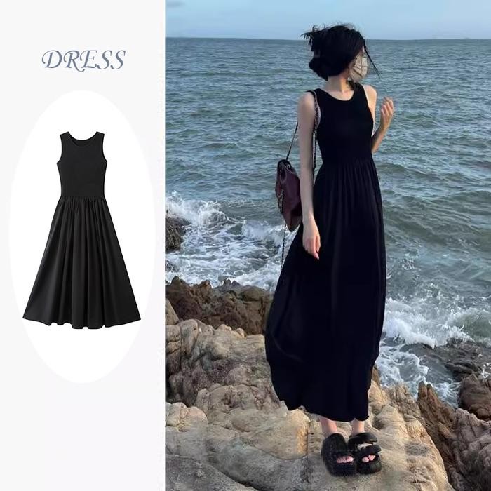 (Ready stok ) Dress Rompi Hitam Gaun Tanpa Lengan untuk Wanita Rok Panjang Suspender Baru Musim