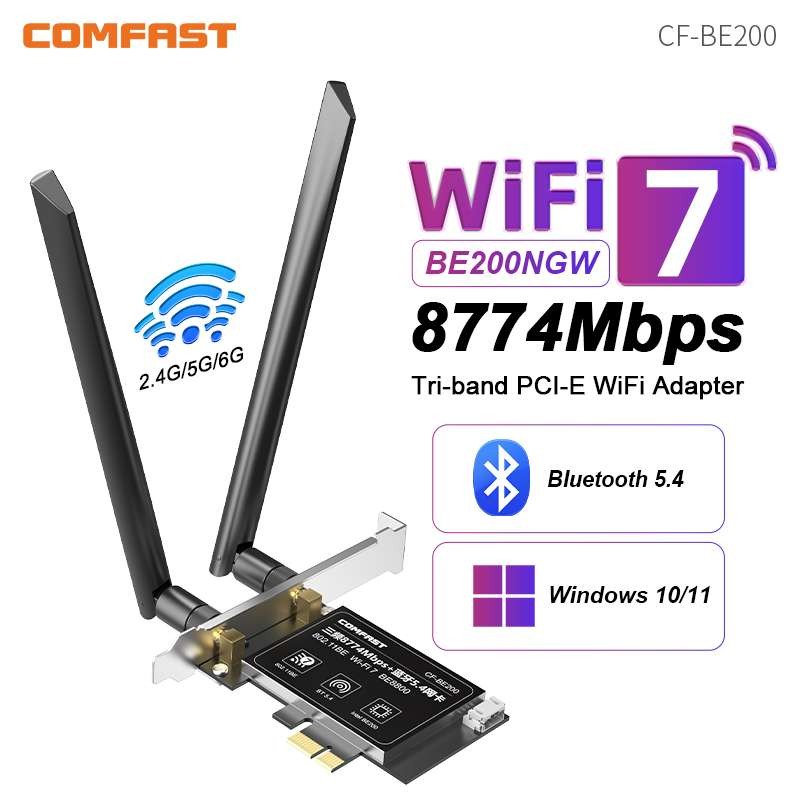 Comfas WiFi7 Intel BE200 PCI-E Network Card 2.4&5&6GHz Tri-band 8774Mbps BE200NGW Chip 802.11be