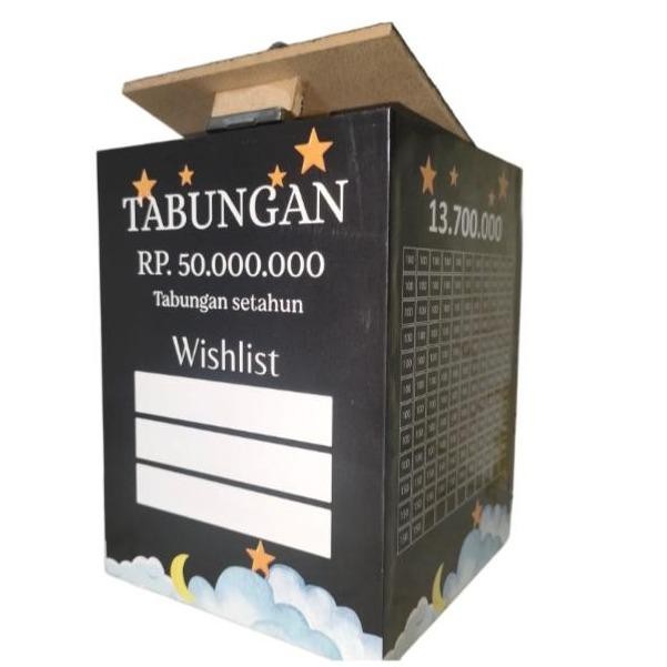 HRG DISKON Celengan Target Jumbo 50 Juta Hitam Kotak Wishlist Besar Kunci Gembok 15x15x20 cm Kayu
