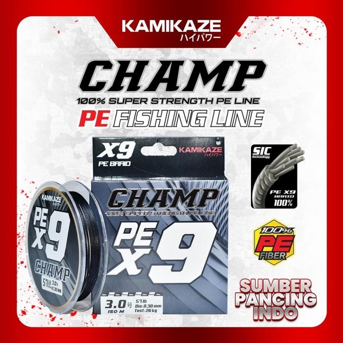 KAMIKAZE Senar Pancing Champ X9 150MTR Black SIC Technology X9 Braide PE Fiber