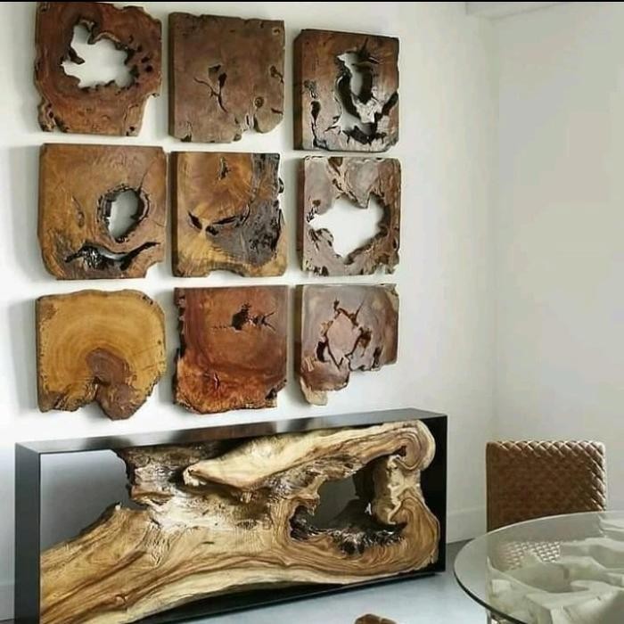 Hiasan Dinding Potongan Kayu Jati 40X40Cm Erosi Bolong Alami Best Quality