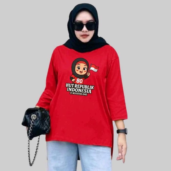 Termurah Kaos Hut Ri 80 Agustus Lengan Panjang Wanita Dewasa Merah Putih Terbaru Grab/Gosend