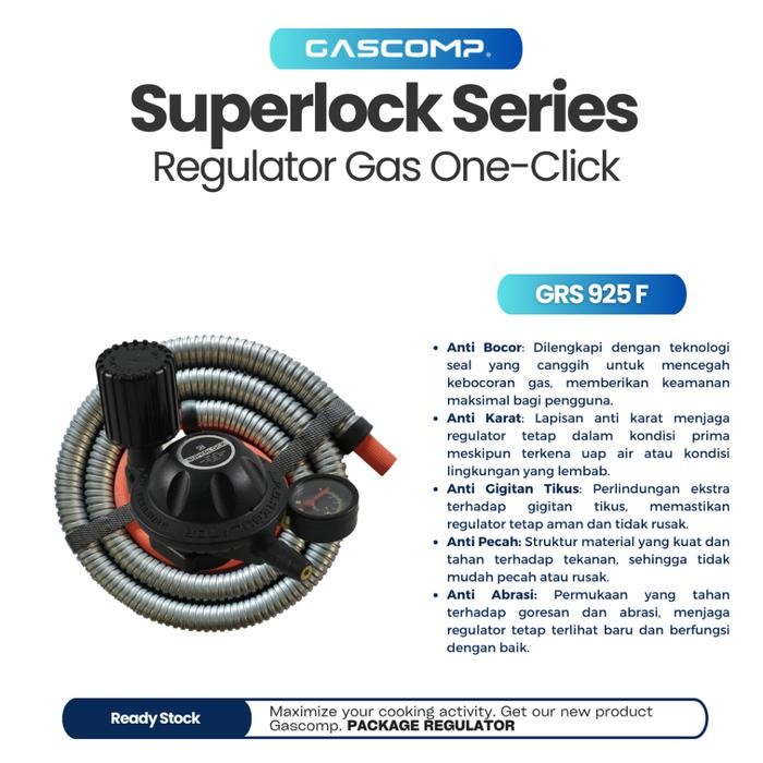 Gascomp Superlock Regulator Gas Low Pressure Dengan Selang Flexible 5 Lapisan Kuat Dan Awet Selang