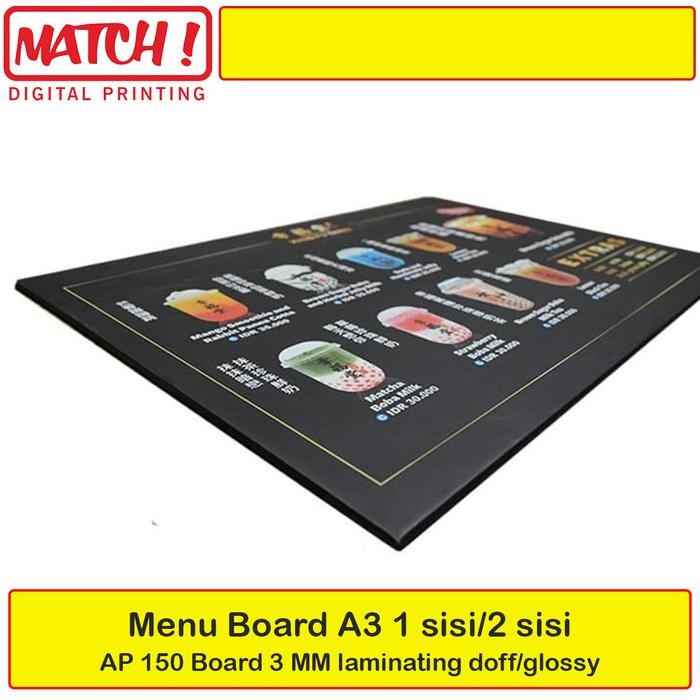 

cetak menu A3 Art carton + board 3mm + laminating