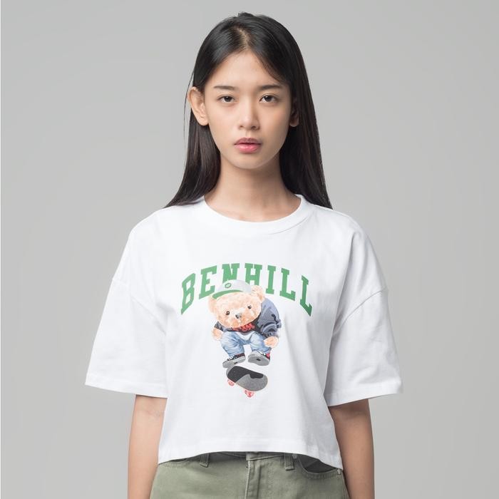 Benhill T-shirt Kaos Wanita Crop Top Oversized White 612-29186 Baju Basic