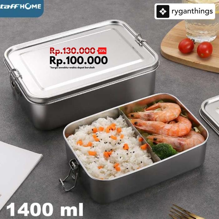 Kotak Makan Lunch Box Stainless Steel 2 Grid 1400 ml TaffHOME - UP14 Kitchenware