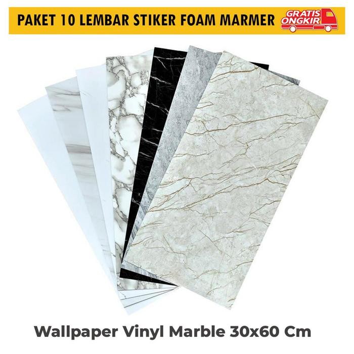 Paket 10 Lembar Wallpaper Stiker Dinding Vinyl Foam Sooku Marmer Hitam 30 X 60 Cm 0,3Cm Bahan Pvc -