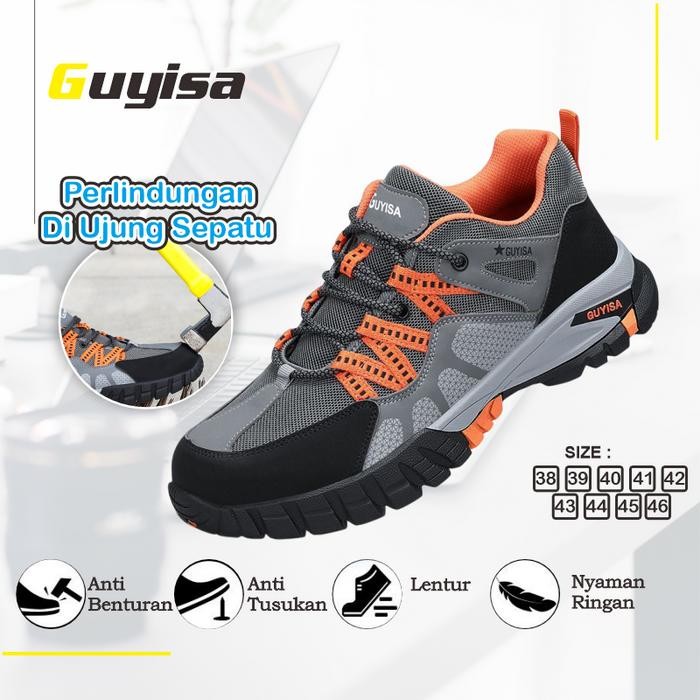 (Ejm) - Guyisa Sepatu Sneakers Safety Sport Abu Orange Sepatu Safety Sport Sepatu Kerja Sepatu