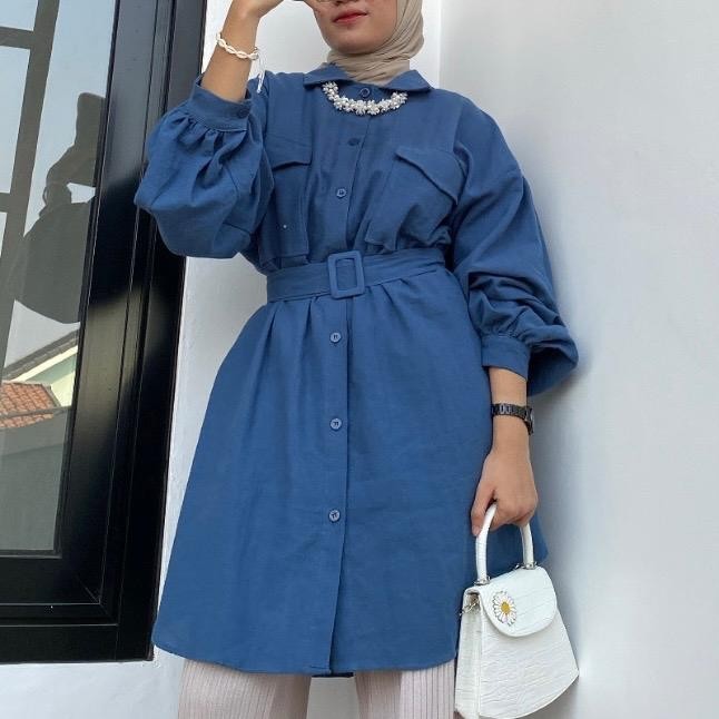 Blouse Kemeja Tunik Linen Balon - Atasan Wanita Panjang Oversize Baju Kerah Remaja