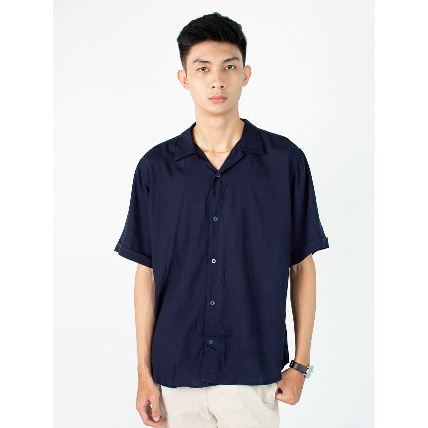FortKlass Rayon Polos Navy Kemeja Polos Pria Lengan Pendek Kasual Cowo *