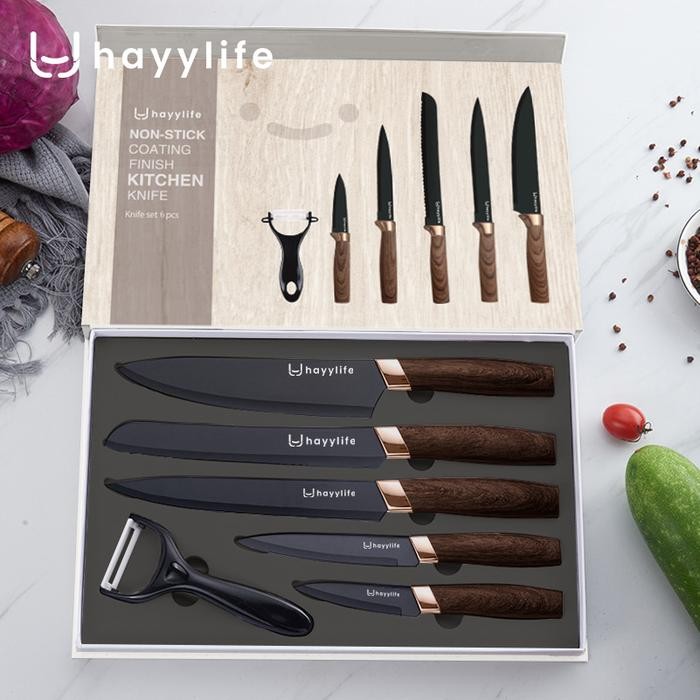 Hayylife Knife Set Dapur Stainless Steel 6 In 1 Gagang Kayu / Set Pisau Dapur Baja Hitam Rumah