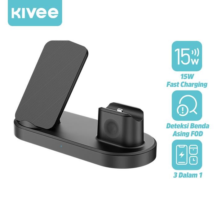 6BJB Kivee 3 In 1 Charger Wireless Fast Charging 15W Qi Fast Charger Stand Hitam Ponsel