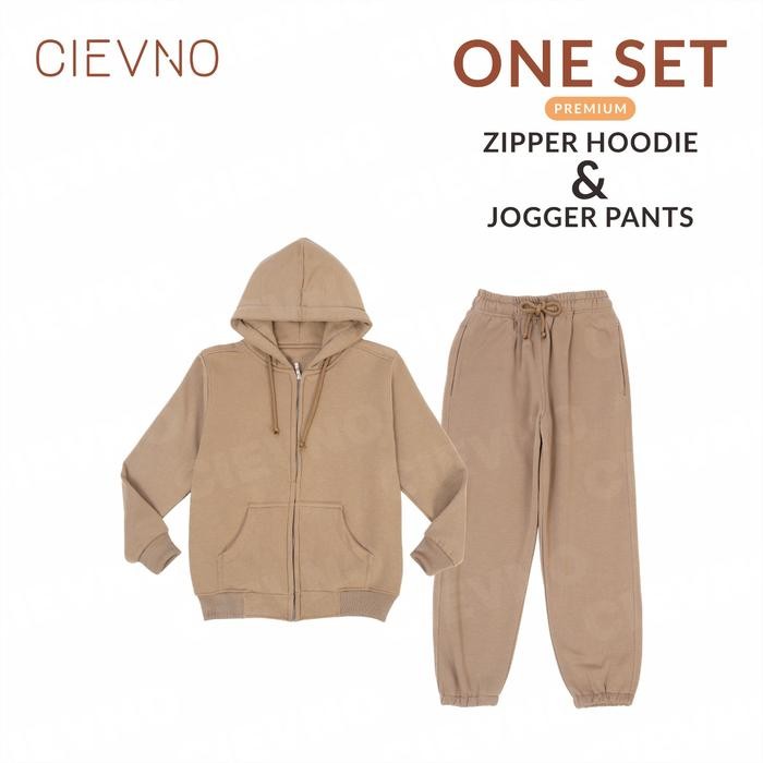 One Set Hoodie Zipper+Celana Joger Premium Peanut Butter (Pria&Wanita)
