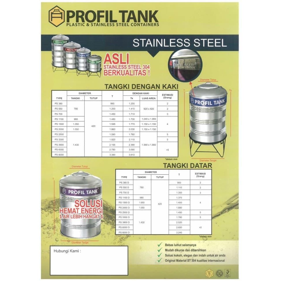 Tangki Air / Tandon Toren Stainless Profil Tank tipe PS-1100