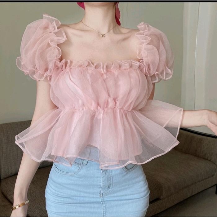 (Allthebest) Atasan Top Sabrina Korea Style Lengan Pendek / Pakaian Wanita Lengan Pendek Kerut Kaca