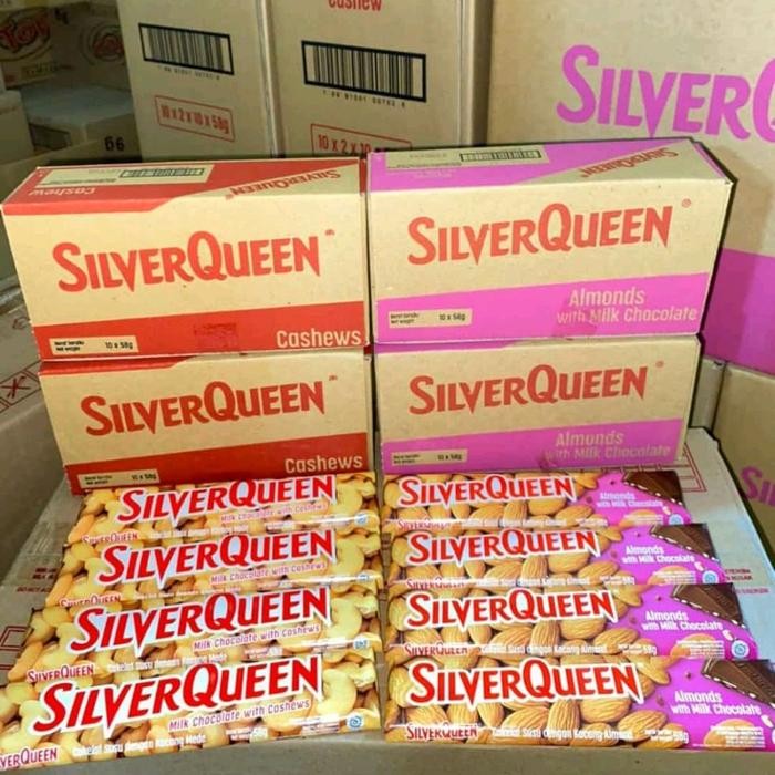 

SILVERQUEEN 58G / 55G CASHEW ALMOND ISI 10 BATANG/ 1BOX SILVERQUEEN 58G BESAR CHOCOLATE COKLAT