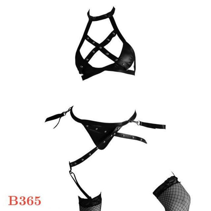 NEW Pakaian Dalam Wanita Sexy B365 Bra Set Bralette Halter Garter Stocking Hitam