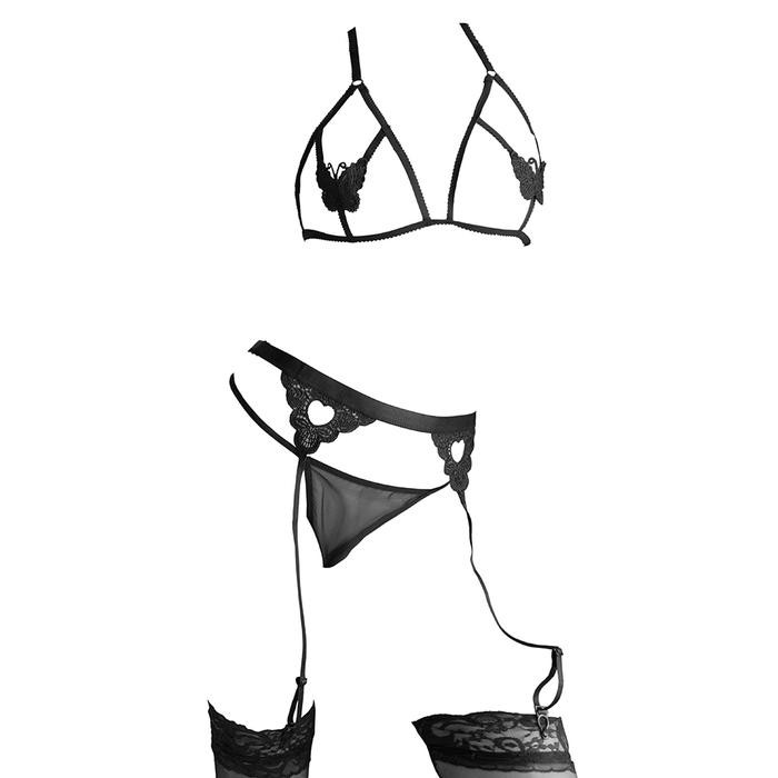 NEW B350 Set Pakaian Dalam Wanita BH Bra Bralette Halter Tali Ikat Belakang CD Garter Belt Hitam