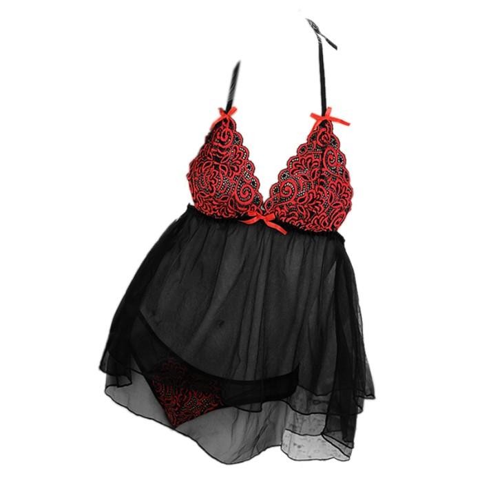 NEW L0535 Baju Tidur Wanita Gaun Malam Model Babydoll Mini Dress Pendek Halter Hitam Polos Brokat