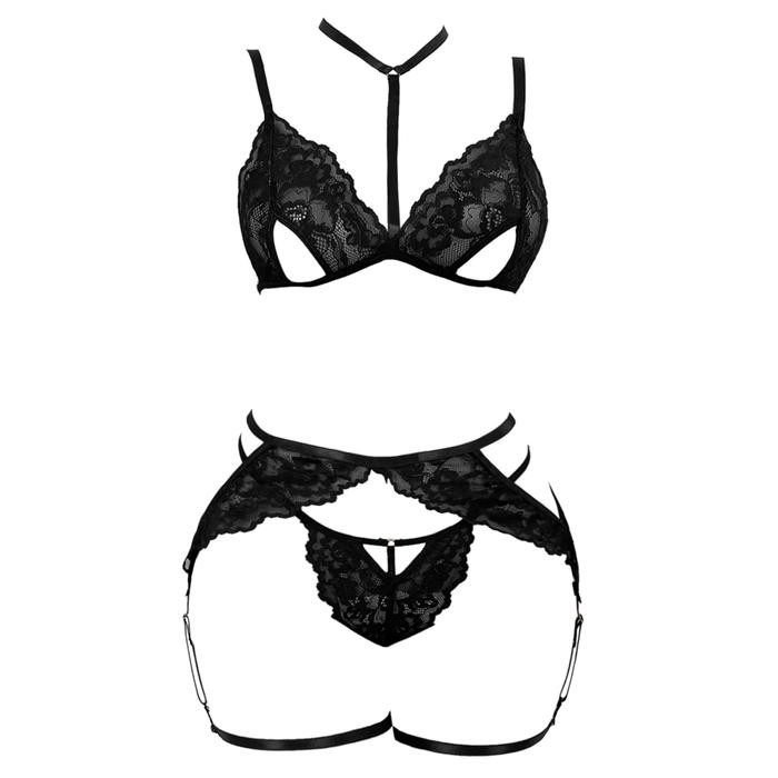 NEW B369 Set Pakaian Dalam Wanita BH Bra Bralette CD Garter Belt Paha Hitam Lace Motif Bunga