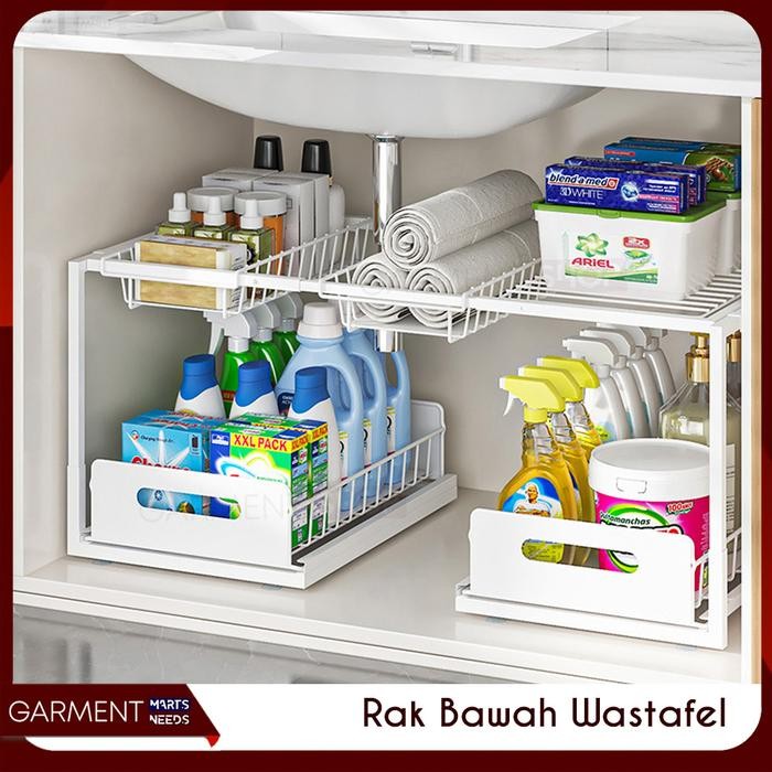 Rak Bawah Wastafel Dapur Kamar Mandi 2 Tingkat Sliding Laci Penyimpan Sabun Bumbu Multifungsi
