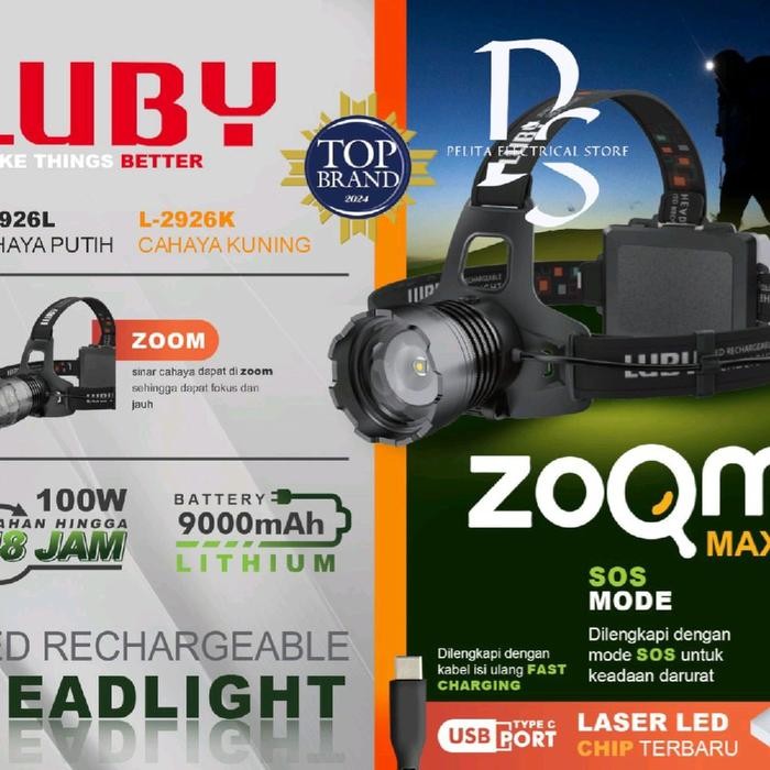 SENTER KEPALA ZOOM LUBY LED 100 WATT 9000 mAh BATERAI LEPAS PASANG