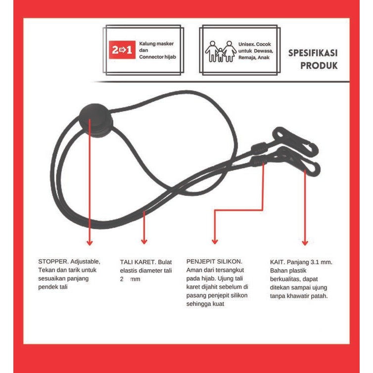 kalung Tali Masker / Lanyard Mask / Strap Masker Premium karet elastis - Hitam