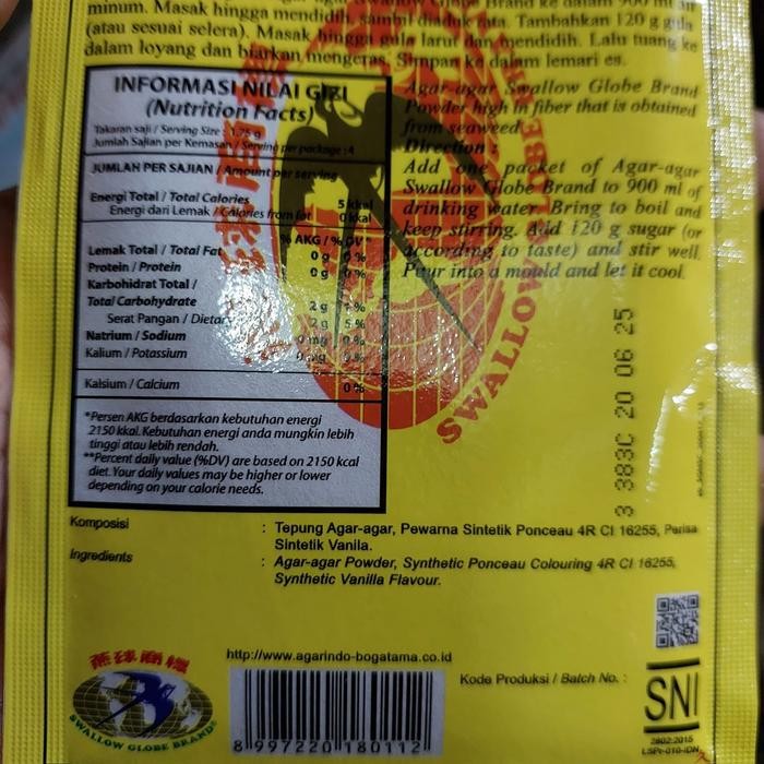 

[Satuan] Agar-Agar Swallow Globe Powder Plain / Putih / Merah / Hijau / Cokelat 7 Gram