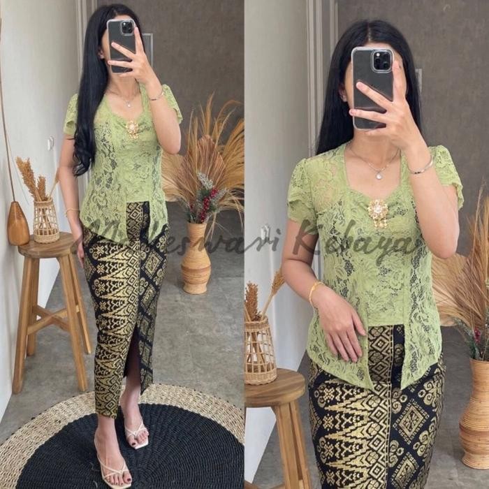 Kebaya Bali Set Brukat Lilit Sage Green