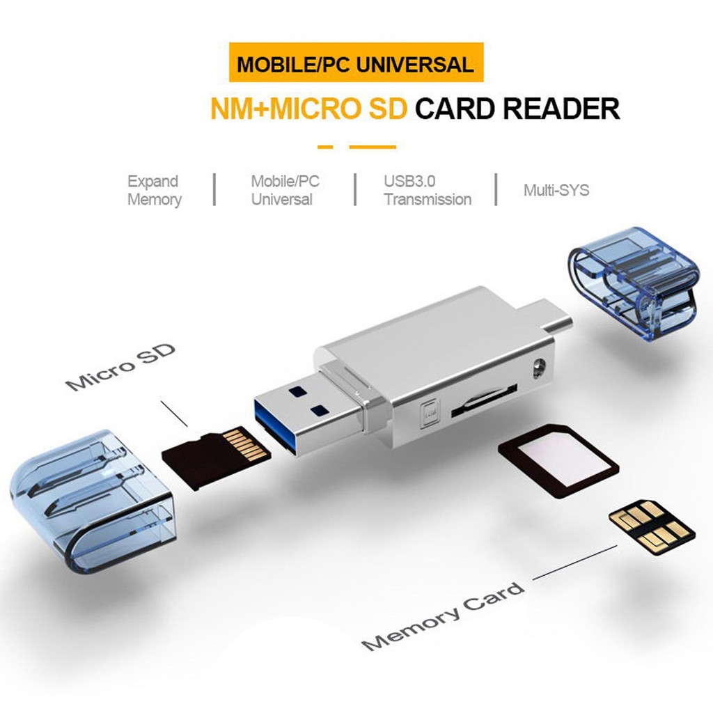 USB-C Type C /USB 2.0 to NM Nano Memory Card TF Micro-SD Card Reader for Huawei Cell Phone &Amp,