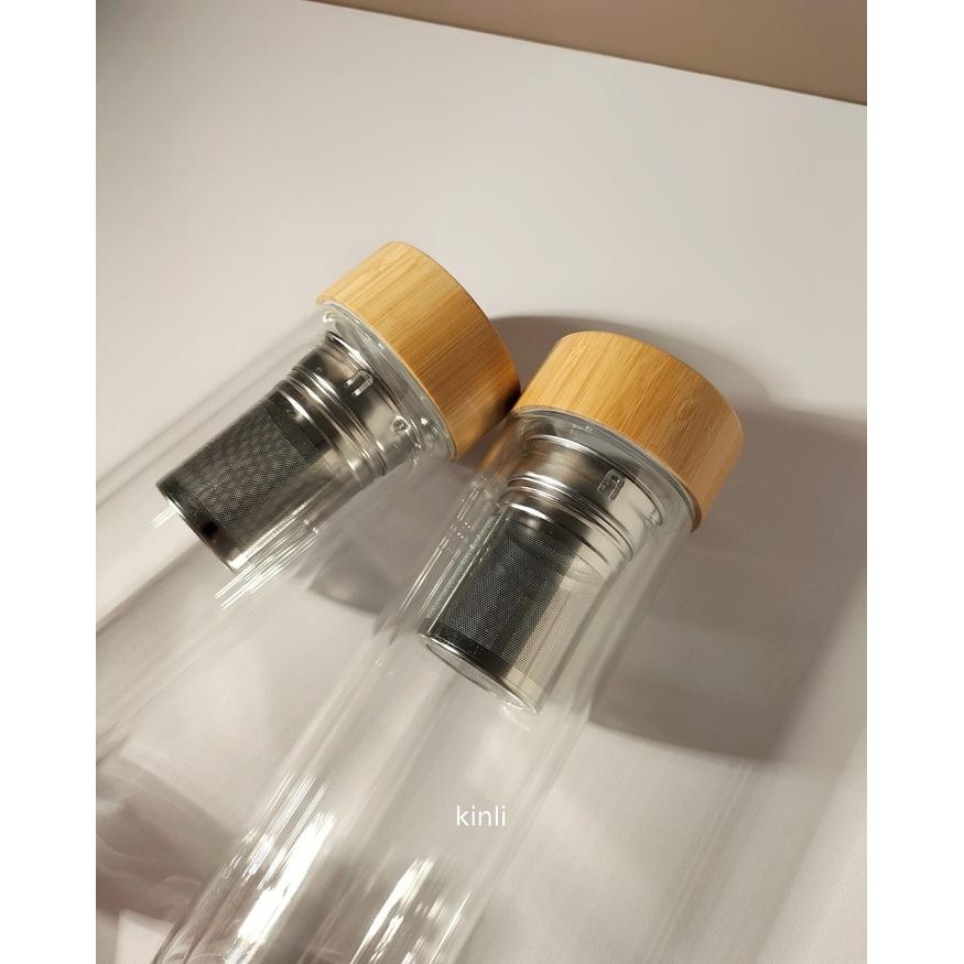 Double Wall Glass Tea Bottle Stainless Steel Infuser Bamboo Lid
