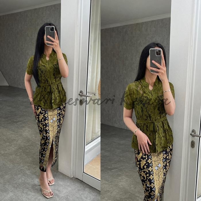 Kebaya Bali Set Brukat Talipita Hijau Army