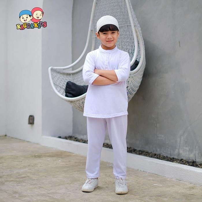 HWIH Kaos Kurta Putih Anak Laki-Laki Raggakids Set Baju Muslim Koko 2-10Th