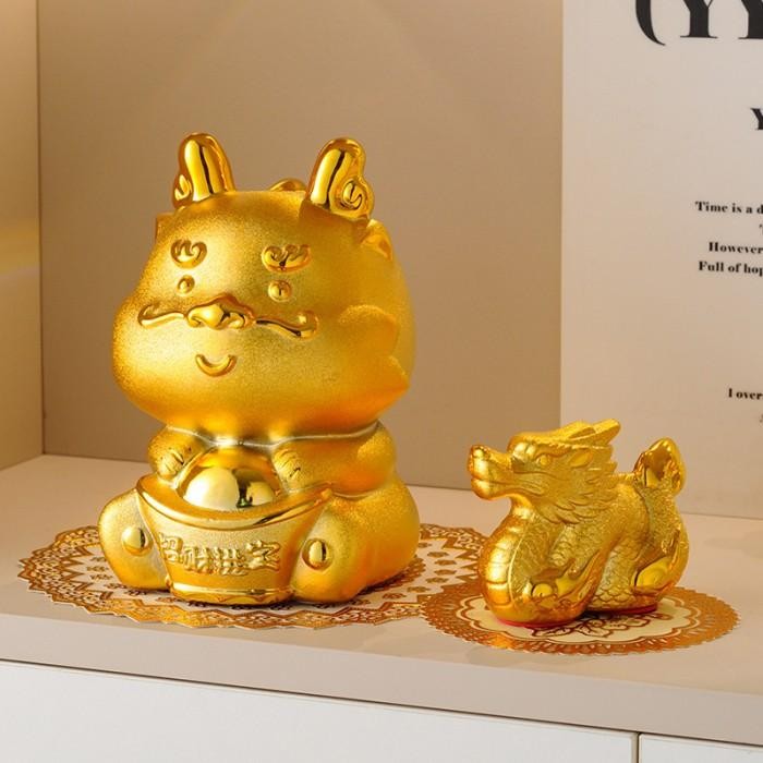 Pajangan Naga Emas Keramik Patung Dragon Murah Kado Sovenir Imlek 2024 Ornamen Patung Naga Emas