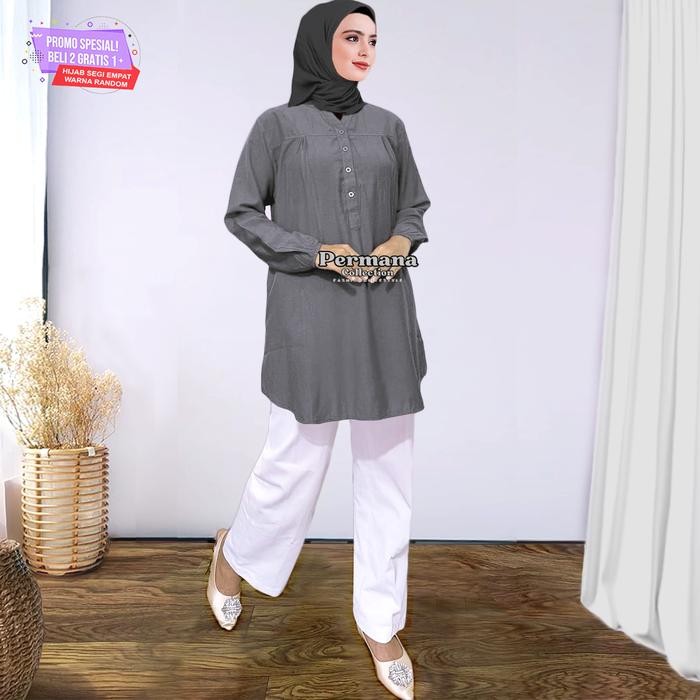 Baju Atasan Wanita Blouse Kemeja Lengan Panjang Abu-Abu jumbo Dewasa Muslim Nyaman Formal Oversize