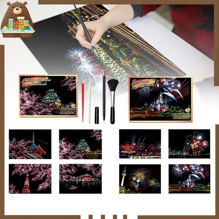 

SARI 4Pcs Lukisan Glitter Scratch Paint Anak Diy Magic Scratch Painting Postcards Doodle