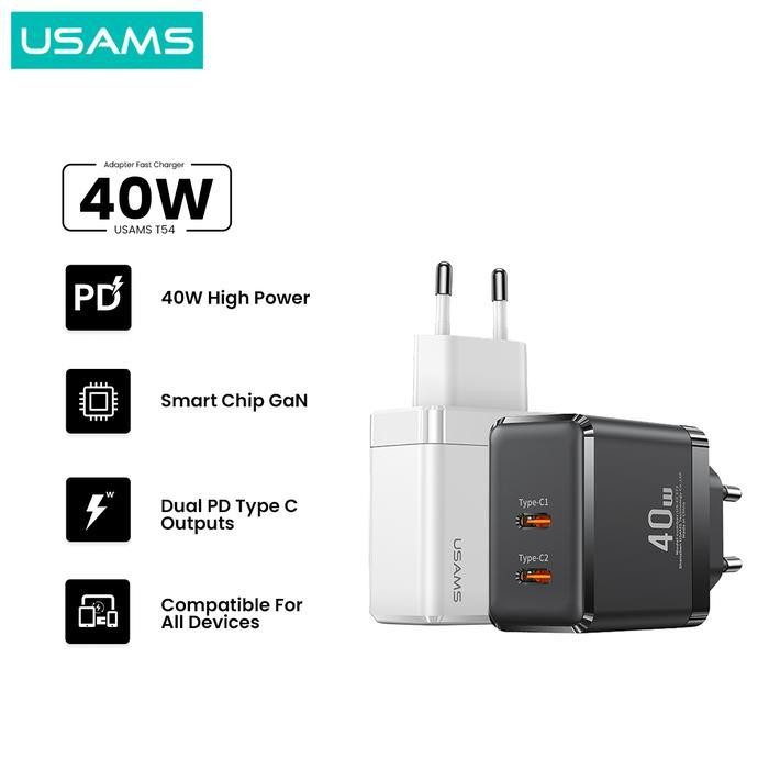 USAMS T54 CC172 ADAPTOR CHARGER 2TYPE-C GAN FAST 40W