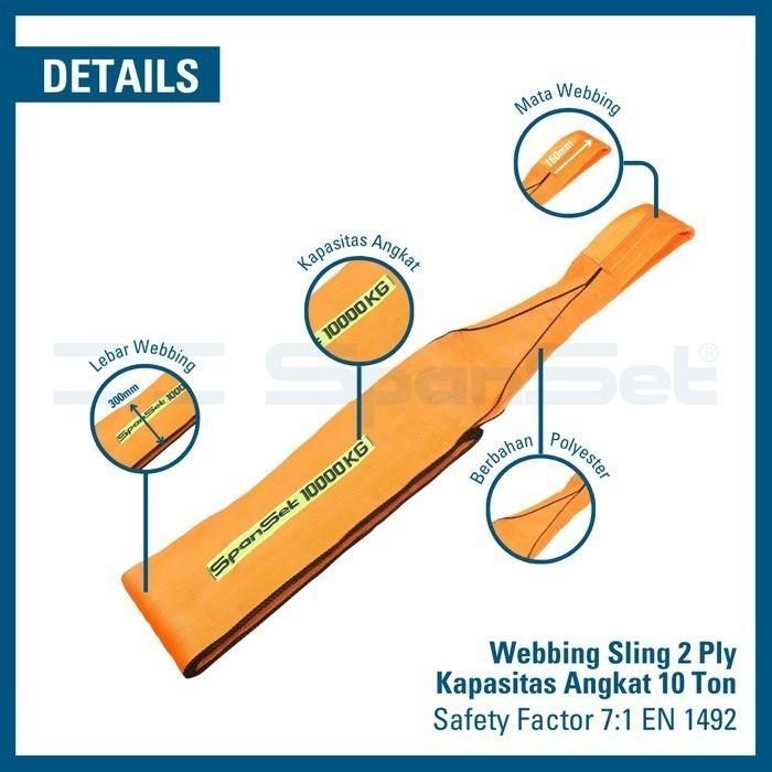 

[B10000-8M] Spanset Webbing Sling Double Ply 10 Ton X 8 Meter, Safety Factor 7:1, Tali Angkut &