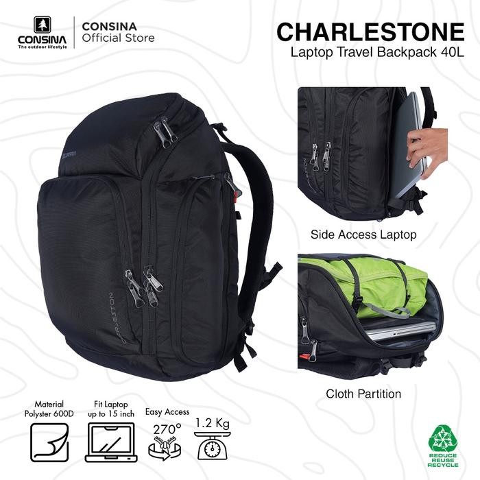 Consina Charleston Tas Ransel Travel Laptop 15 Inch Outdoor Backpack 40L
