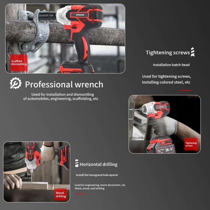 Ironhoof Mesin Bor Impact Wrench Cordless Pembuka Baut Baterai