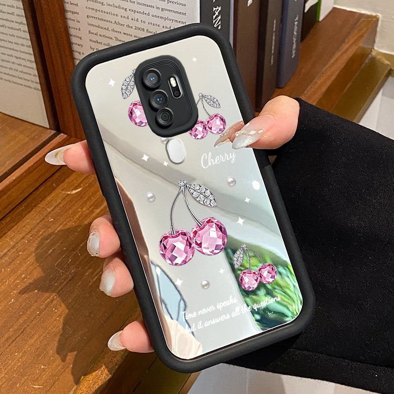 Casing Hp Untuk OPPO A5 2020 OPPO A9 2020 Case Ceri berlian merah muda yang mewah Cermin Kasing peli