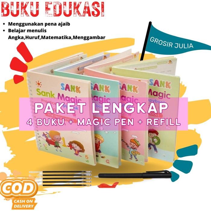 

New Buku Ajaib Isi 4 Buku+Pena+Refill bisa Ngapus Sendiri/ Sank Magic Book Belajar Pen Pena Kantor