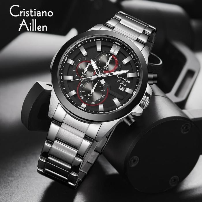 Buy 1 Get 1 Cristiano Aillen Jam Tangan Pria Analog 8892 Rantai Stainless Steel Chronograph Kaca