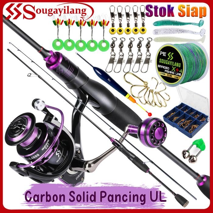 Sougayilang [Cod] Set Lengkap Pancing 2 Bagian Carbon Solid Joran Spinning Ul 6 Kaki/1.8M 7