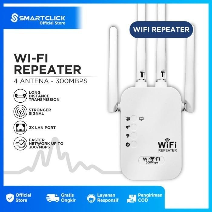 PENGUAT SINYAL WIFI EXTENDER 300MBPS JARAK JAUH 4 ANTENA 2 LAN PORT REPEATER