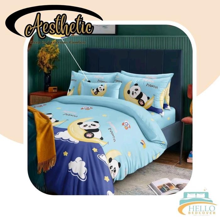 AESTHETIC PROJECT - Fullset Bedcover Motif Panda Biru / Sprei Microtex Disperse Premium - Anti