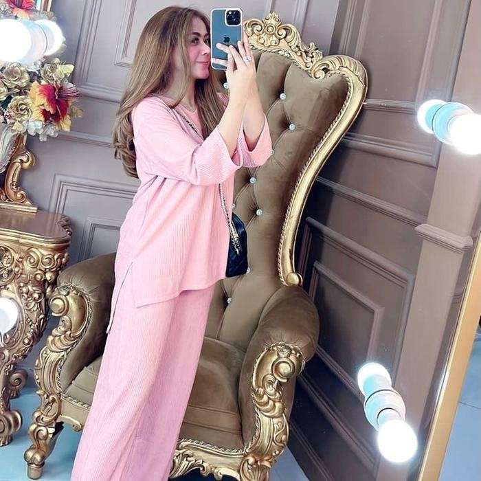 Oneset/ Setelan Dubai Salur Polos (Rgb) Wanita Celana Baju Dewasa Atasan Panjang