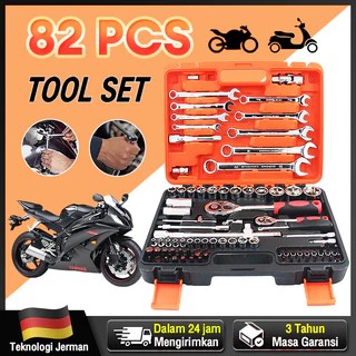 REAIM  82pcs Tool Kit Kunci Shock Set alat kunci pas soket Set alat mobil alat kunci pas torsi Set